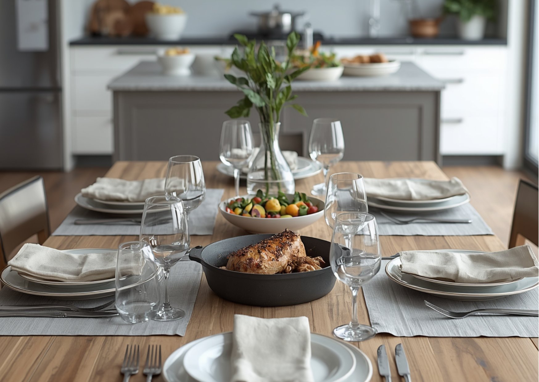 Table dressée pour le dîner en famille — Bleu Mandarine Chef Privé
